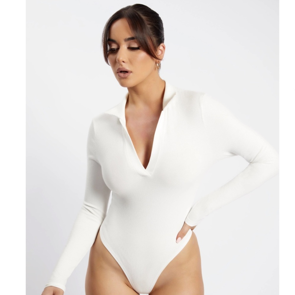 Meshki Belle Long Sleeve Collar Bodysuit, White, S